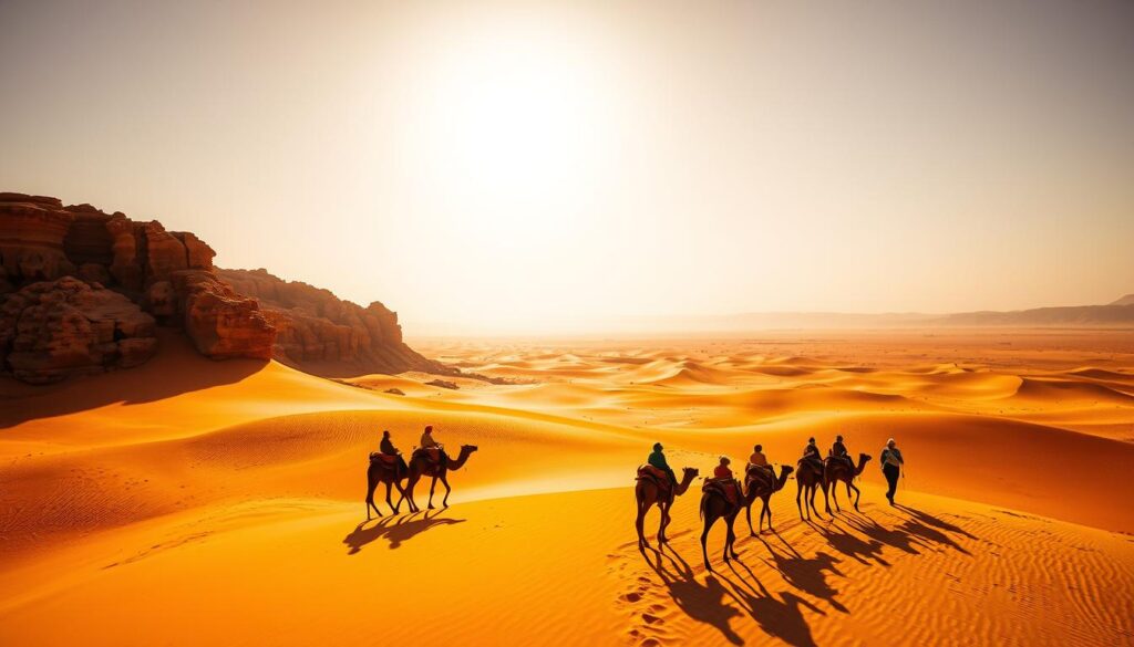 A vast expanse of golden dunes stretches out under the scorching Saharan sun, casting long shadows across the mesmerizing landscape. In the foreground, a caravan of camels trudges through the shimmering heat, their riders silhouetted against the sky. The middle ground reveals rugged, wind-sculpted rock formations, their weathered surfaces glowing with a warm, earthy hue. In the distance, the horizon blurs into a hazy mirage, hinting at the boundless mystery of the desert. Captured with a wide-angle lens, this scene evokes the timeless, awe-inspiring beauty of the MyVisitMorocco Sahara Desert. A vast expanse of golden dunes stretches out under the scorching Saharan sun, casting long shadows across the mesmerizing landscape. In the foreground, a caravan of camels trudges through the shimmering heat, their riders silhouetted against the sky. The middle ground reveals rugged, wind-sculpted rock formations, their weathered surfaces glowing with a warm, earthy hue. In the distance, the horizon blurs into a hazy mirage, hinting at the boundless mystery of the desert. Captured with a wide-angle lens, this scene evokes the timeless, awe-inspiring beauty of the MyVisitMorocco Sahara Desert.