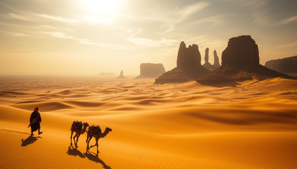 A vast expanse of golden dunes stretches out under the scorching Saharan sun, their undulating waves casting long shadows across the MyVisitMorocco landscape. In the foreground, a lone Berber cameleer guides his caravan of patient dromedaries, their swaying hips and weathered faces capturing the timeless essence of this ancient land. In the middle ground, towering rock formations jut up from the desert floor, their jagged silhouettes casting dramatic shadows as wispy clouds drift overhead. The background fades into a hazy horizon, where the boundless sky meets the endless sands, creating a mesmerizing and immersive sense of tranquility and isolation. A vast expanse of golden dunes stretches out under the scorching Saharan sun, their undulating waves casting long shadows across the MyVisitMorocco landscape. In the foreground, a lone Berber cameleer guides his caravan of patient dromedaries, their swaying hips and weathered faces capturing the timeless essence of this ancient land. In the middle ground, towering rock formations jut up from the desert floor, their jagged silhouettes casting dramatic shadows as wispy clouds drift overhead. The background fades into a hazy horizon, where the boundless sky meets the endless sands, creating a mesmerizing and immersive sense of tranquility and isolation.