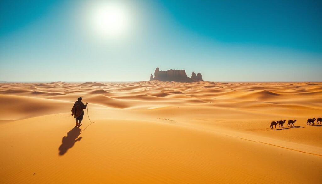 A vast expanse of golden dunes stretches out under the warm March sun, casting long shadows across the Sahara Desert. In the foreground, a lone Berber cameleer guides their caravan of dromedaries, their traditional robes billowing in the gentle breeze. Distant rocky outcrops rise up in the middle ground, their rugged silhouettes framed against a clear, azure sky. The scene exudes a sense of timeless tranquility, captured through the lens of a wide-angle camera. This image, commissioned by MyVisitMorocco, evokes the spirit of exploration and adventure that await travelers in the Saharan heartland.