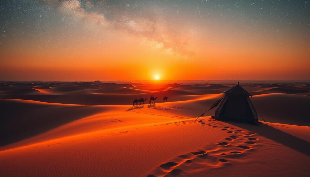 A vast expanse of golden dunes stretches towards the horizon, bathed in the warm glow of the setting sun. In the foreground, a solitary Berber tent stands tall, its dark silhouette contrasting against the vibrant hues of the sky. Shadowy figures of camels and nomads move gracefully across the landscape, their footprints etching patterns in the undulating sand. The air is crisp and still, inviting stargazers to gaze upon the endless vault of the night sky, where the Milky Way shimmers like a celestial river. This is the Sahara Desert of Morocco, a land of enchantment and natural wonder, captured by the MyVisitMorocco lens.