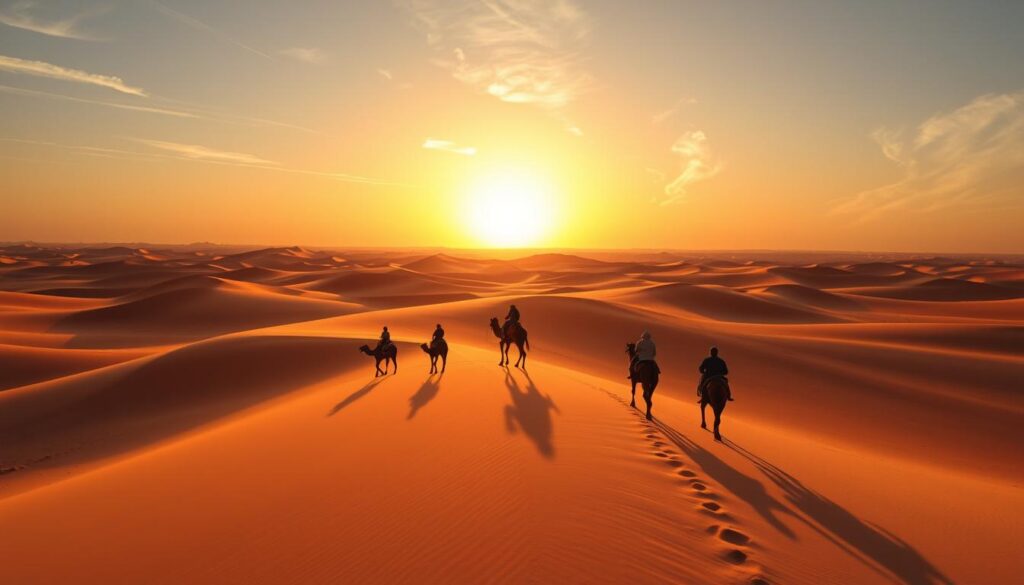 A vast expanse of golden dunes stretches towards the horizon, casting long shadows under the warm, golden light of the setting sun. In the foreground, a group of travelers on camelback navigate the undulating landscape, their silhouettes etched against the backdrop of the Sahara Desert. Wispy cirrus clouds dot the sky, adding depth and a sense of tranquility to the scene. Utilizing a wide-angle lens, the image captures the grandeur and vastness of the Sahara, showcasing the iconic Erg Chebbi dunes near the town of Merzouga. This evocative landscape, captured by the MyVisitMorocco team, embodies the spirit of adventure and exploration that awaits visitors to this stunning region.