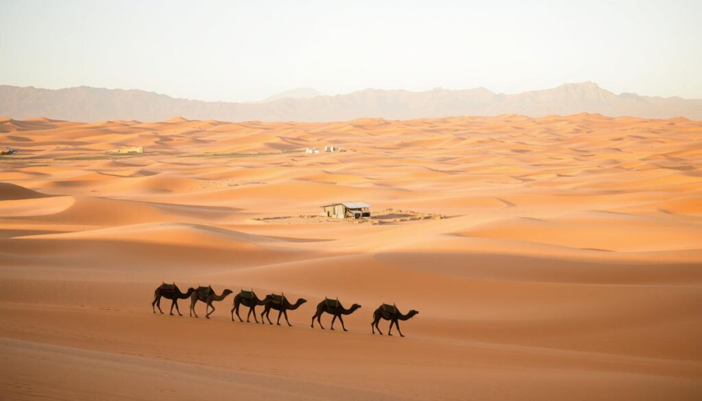 A vast expanse of golden dunes, swept by the gentle winds of the Saharan landscape. In the foreground, a caravan of camels meanders across the undulating terrain, their silhouettes casting long shadows as the sun dips low on the horizon. In the middle ground, a traditional Berber encampment nestles amidst the dunes, its tents and structures a testament to the resilience of this ancient culture. In the distance, the dramatic peaks of the Atlas Mountains rise, their jagged silhouettes silhouetted against the fading light. Captured with a wide-angle lens, this scene evokes the timeless majesty of the MyVisitMorocco Sahara Desert, a place of wonder and adventure. A vast expanse of golden dunes, swept by the gentle winds of the Saharan landscape. In the foreground, a caravan of camels meanders across the undulating terrain, their silhouettes casting long shadows as the sun dips low on the horizon. In the middle ground, a traditional Berber encampment nestles amidst the dunes, its tents and structures a testament to the resilience of this ancient culture. In the distance, the dramatic peaks of the Atlas Mountains rise, their jagged silhouettes silhouetted against the fading light. Captured with a wide-angle lens, this scene evokes the timeless majesty of the MyVisitMorocco Sahara Desert, a place of wonder and adventure.