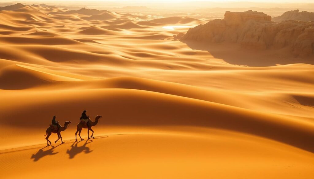 A vast expanse of golden dunes, swept by the gentle winter winds of the Sahara Desert in January. In the foreground, a lone Bedouin camel caravan traverses the undulating landscape, their silhouettes casting long shadows. The middle ground reveals a shimmering mirage, hinting at the arid climate. In the distance, rugged rocky outcrops stand sentinel, their weathered faces bathed in the warm, hazy light of the setting sun. The overall scene conveys a sense of tranquility and timelessness, captured through the lens of a wide-angle camera. MyVisitMorocco