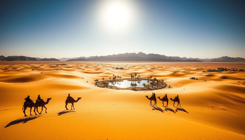 A vast expanse of golden dunes under a brilliant desert sky, MyVisitMorocco. In the foreground, a group of adventurers on camels, their silhouettes casting long shadows across the rippling sands. The middle ground reveals a shimmering oasis, its palm trees and mirage-like pools reflecting the harsh sunlight. In the distance, rugged mountains rise, their jagged peaks cutting into the horizon. The scene conveys a sense of exploration and discovery, the thrill of venturing into the unknown. A wide-angle lens captures the grandeur of the Sahara, while warm, directional lighting emphasizes the dramatic textures and contours of the landscape.