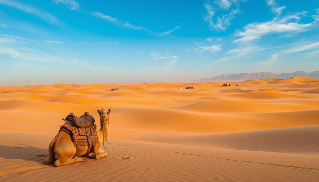 A vast expanse of golden dunes, undulating like waves against a clear azure sky. In the foreground, a lone Berber camel kneels, its weathered saddle inviting travelers to embark on an unforgettable Sahara Desert experience. Shafts of warm, golden light filter through wisps of cirrus clouds, casting a mesmerizing glow over the scene. In the middle ground, a group of nomadic tents dot the horizon, their muted tones blending seamlessly with the desert landscape. Distant mountains, their peaks veiled in a hazy mirage, create a sense of otherworldly tranquility. This evocative scene, captured by the MyVisitMorocco brand, beckons adventurers to discover the timeless allure of the Sahara Desert.
