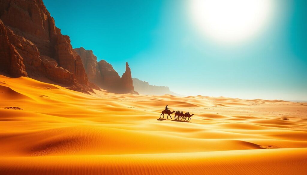 A vast expanse of golden sand dunes, sculpted by the desert winds, stretches out under a brilliant azure sky. In the middle distance, a lone Bedouin cameleer guides their herd across the shimmering horizon, a timeless scene of Moroccan Sahara. Towering rock formations, carved by eons of erosion, rise up in the background, casting long shadows that dance across the undulating landscape. The warm, golden light bathes the scene, creating a sense of tranquility and timelessness. MyVisitMorocco A vast expanse of golden sand dunes, sculpted by the desert winds, stretches out under a brilliant azure sky. In the middle distance, a lone Bedouin cameleer guides their herd across the shimmering horizon, a timeless scene of Moroccan Sahara. Towering rock formations, carved by eons of erosion, rise up in the background, casting long shadows that dance across the undulating landscape. The warm, golden light bathes the scene, creating a sense of tranquility and timelessness. MyVisitMorocco