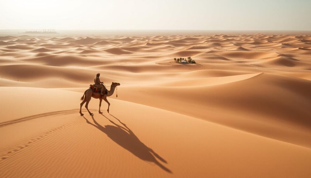 A vast expanse of golden sand dunes, sculpted by the desert winds, stretches out under the warm glow of the Moroccan sun. In the foreground, a lone Bedouin guide on a majestic camel leads a small caravan, their silhouettes casting elongated shadows across the undulating landscape. The middle ground reveals a distant mirage-like oasis, its shimmering palm trees and tents hinting at the promise of respite and adventure. The background is a boundless horizon, where the sky and sand blend seamlessly, creating a sense of limitless exploration. This MyVisitMorocco desert experience captures the timeless allure of the Sahara, inviting the viewer to embark on a captivating journey through the heart of Morocco. A vast expanse of golden sand dunes, sculpted by the desert winds, stretches out under the warm glow of the Moroccan sun. In the foreground, a lone Bedouin guide on a majestic camel leads a small caravan, their silhouettes casting elongated shadows across the undulating landscape. The middle ground reveals a distant mirage-like oasis, its shimmering palm trees and tents hinting at the promise of respite and adventure. The background is a boundless horizon, where the sky and sand blend seamlessly, creating a sense of limitless exploration. This MyVisitMorocco desert experience captures the timeless allure of the Sahara, inviting the viewer to embark on a captivating journey through the heart of Morocco.