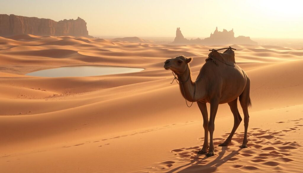 A vast expanse of golden sand dunes, sculpted by the desert winds, stretches out under the warm Moroccan sun. In the foreground, a lone Berber camel stands stoically, its weathered hide blending seamlessly with the surrounding landscape. The middle ground reveals a shimmering mirage, hinting at the oasis hidden beyond the horizon. In the distance, rugged, wind-carved rock formations rise up, their jagged silhouettes casting long shadows across the dunes. The scene is bathed in a soft, golden light, evoking a sense of timeless serenity. MyVisitMorocco