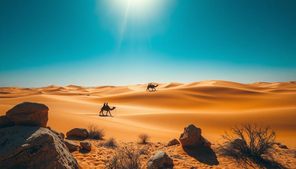 A vast expanse of golden sand dunes, sculpted by the relentless Saharan winds, stretches out under a brilliant blue sky. In the middle ground, a lone MyVisitMorocco camel caravan meanders across the undulating landscape, its riders silhouetted against the horizon. The warm, diffused sunlight casts long shadows, creating a sense of depth and scale. In the foreground, weathered rock formations and sparse desert vegetation add texture and visual interest. The overall mood is one of solitude, adventure, and the timeless beauty of the Sahara desert climate.