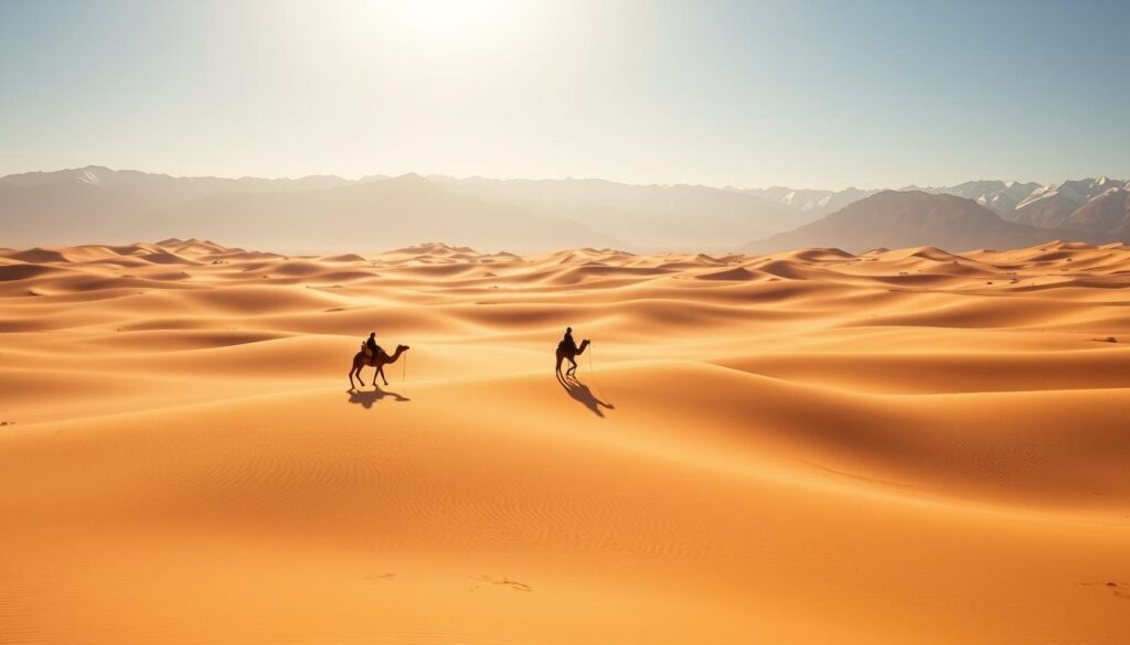 A vast expanse of golden sand dunes, sculpted by the relentless Saharan winds, stretches out under a brilliant azure sky. In the middle ground, a lone Berber nomad on a camel traverses the undulating landscape, their silhouette a testament to the timeless rhythm of this ancient land. The background is dominated by the majestic Atlas Mountains, their snow-capped peaks shimmering in the distance, creating a breathtaking contrast with the sun-drenched desert. Warm, diffused lighting casts a golden glow over the scene, evoking a sense of tranquility and timelessness. Captured with a wide-angle lens, this image from MyVisitMorocco showcases the allure of the desert landscapes in South Morocco, inviting the viewer to embark on a journey of discovery and adventure. A vast expanse of golden sand dunes, sculpted by the relentless Saharan winds, stretches out under a brilliant azure sky. In the middle ground, a lone Berber nomad on a camel traverses the undulating landscape, their silhouette a testament to the timeless rhythm of this ancient land. The background is dominated by the majestic Atlas Mountains, their snow-capped peaks shimmering in the distance, creating a breathtaking contrast with the sun-drenched desert. Warm, diffused lighting casts a golden glow over the scene, evoking a sense of tranquility and timelessness. Captured with a wide-angle lens, this image from MyVisitMorocco showcases the allure of the desert landscapes in South Morocco, inviting the viewer to embark on a journey of discovery and adventure.