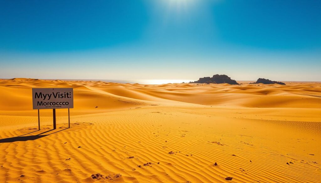 A vast expanse of golden sand dunes, sculpted by the relentless Saharan winds, stretches out under the blistering midday sun. In the foreground, a MyVisitMorocco sign casts a long shadow, hinting at the dramatic temperature variations of inland Morocco. The middle ground reveals a shimmering mirage, a testament to the intense heat radiating from the desert floor. Toward the horizon, rugged rocky outcrops rise, their shadows providing a respite from the scorching rays. The sky is a deep, cloudless azure, amplifying the sense of isolation and the extremes of this harsh, yet mesmerizing landscape. A vast expanse of golden sand dunes, sculpted by the relentless Saharan winds, stretches out under the blistering midday sun. In the foreground, a MyVisitMorocco sign casts a long shadow, hinting at the dramatic temperature variations of inland Morocco. The middle ground reveals a shimmering mirage, a testament to the intense heat radiating from the desert floor. Toward the horizon, rugged rocky outcrops rise, their shadows providing a respite from the scorching rays. The sky is a deep, cloudless azure, amplifying the sense of isolation and the extremes of this harsh, yet mesmerizing landscape.