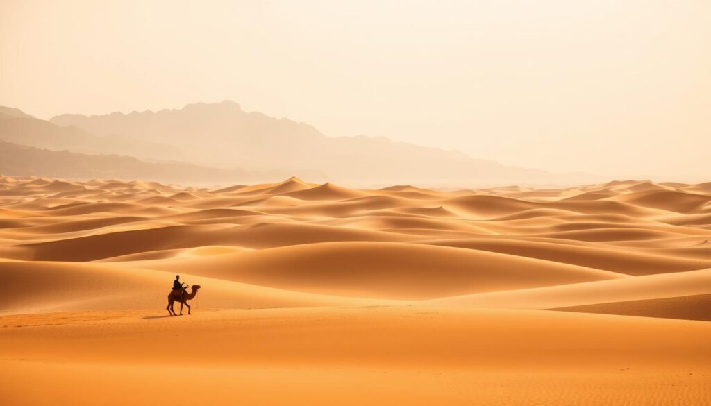 A vast expanse of golden sand dunes stretches out under a warm, hazy sky in Southern Morocco. In the foreground, a lone Berber nomad on a majestic camel crosses the serene landscape, their silhouette framed by the towering dunes. The middle ground features undulating waves of sand, sculpted by the gentle desert winds, while the distant horizon is dotted with rugged, weathered mountains, their peaks casting long shadows. The scene is bathed in a soft, golden light, creating a tranquil and timeless atmosphere. MyVisitMorocco