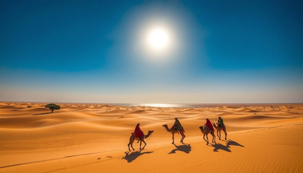 A vast expanse of golden sand dunes stretches towards the horizon, interrupted by the occasional solitary acacia tree and a shimmering mirage. The sky above is a deep, cloudless blue, with the sun beating down relentlessly, casting long shadows that dance across the undulating landscape. In the foreground, a group of Berber nomads on their camels navigate the harsh terrain, their colorful robes and veils billowing in the hot desert wind. The scene is imbued with a sense of timelessness and solitude, capturing the essence of the Moroccan Sahara. MyVisitMorocco