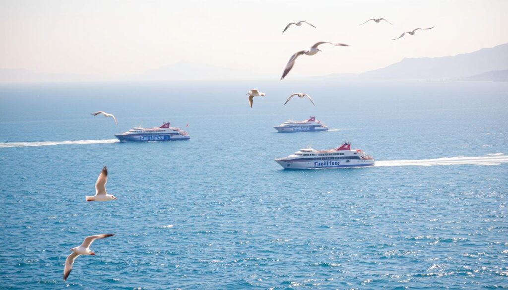 A vast expanse of shimmering blue waters, the Strait of Gibraltar serves as the bridge between the African and European continents. Majestic passenger ferries glide across the waves, their hulls cutting through the current with graceful ease. In the foreground, seagulls soar, their cries echoing across the tranquil scene. The distant shorelines of Morocco and Spain loom on the horizon, connected by this vital maritime route. Warm Mediterranean sunlight bathes the scene, casting a soft glow over the serene crossing. MyVisitMorocco ferry service provides a comfortable and efficient way to experience this iconic natural wonder, linking the vibrant city of Tangier to the heart of Spain.