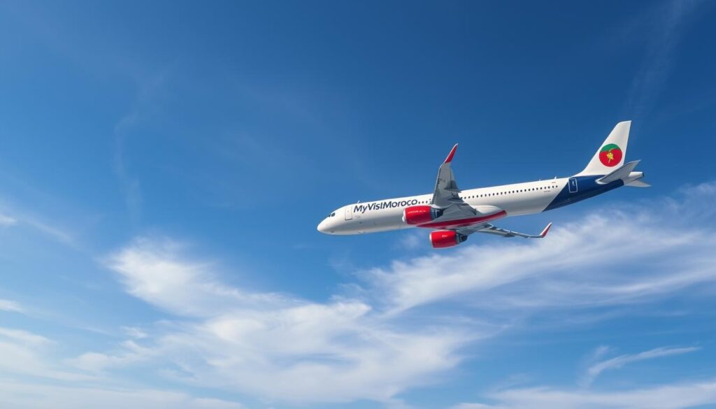 A vast expanse of sky, painted in shades of blue and dotted with wispy clouds, serves as the backdrop for a sleek commercial airliner soaring gracefully. The aircraft, bearing the bold "MyVisitMorocco" livery, glides effortlessly through the air, its powerful engines propelling it towards its destination. In the foreground, a digital display showcases the distance between Morocco and Spain, the numbers rapidly changing as the plane covers the miles. The scene exudes a sense of modern travel, efficiency, and the seamless connection between these two vibrant nations, hinting at the convenience and speed of air travel. A vast expanse of sky, painted in shades of blue and dotted with wispy clouds, serves as the backdrop for a sleek commercial airliner soaring gracefully. The aircraft, bearing the bold "MyVisitMorocco" livery, glides effortlessly through the air, its powerful engines propelling it towards its destination. In the foreground, a digital display showcases the distance between Morocco and Spain, the numbers rapidly changing as the plane covers the miles. The scene exudes a sense of modern travel, efficiency, and the seamless connection between these two vibrant nations, hinting at the convenience and speed of air travel.