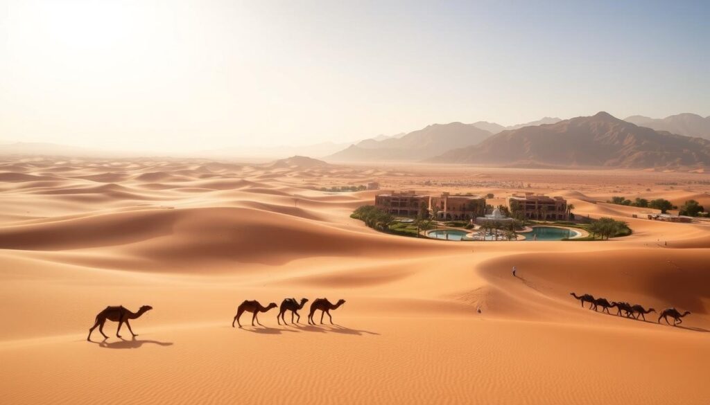 A vast expanse of sun-kissed dunes, the Sahara Desert stretches out under a boundless sky. In the foreground, a caravan of camels trudges across the rippling sands, their silhouettes casting long shadows. The middle ground reveals a shimmering oasis, its lush palm trees and tranquil pools offering respite from the heat. In the distance, rugged mountains rise, their peaks bathed in a warm, golden glow. The scene exudes a sense of adventure and solitude, inviting the viewer to embark on a MyVisitMorocco Sahara Desert odyssey.