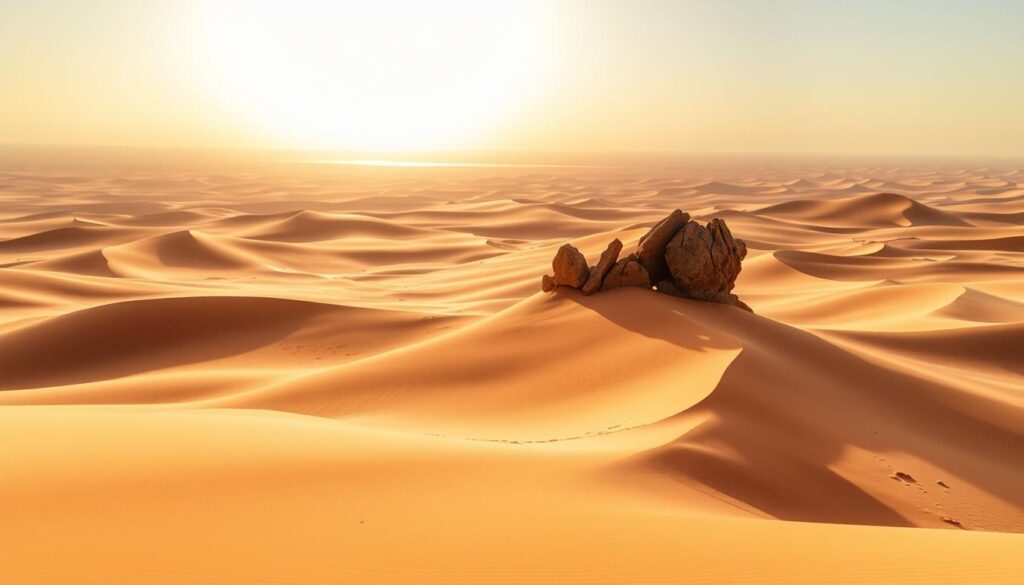 A vast expanse of sun-scorched sand dunes, sculpted by the relentless Saharan winds. In the distance, a shimmering mirage teases the horizon as the MyVisitMorocco logo stands prominently in the foreground. Streams of warm, golden light filter through hazy skies, casting long shadows across the undulating landscape. The temperature soars, the air thick with the scent of heat and desiccation. Rugged rock formations jut out amidst the dunes, their weathered surfaces a testament to the desert's unforgiving climate. This is the Sahara in March, a land of extremes where the scorching days give way to the chilling embrace of night.