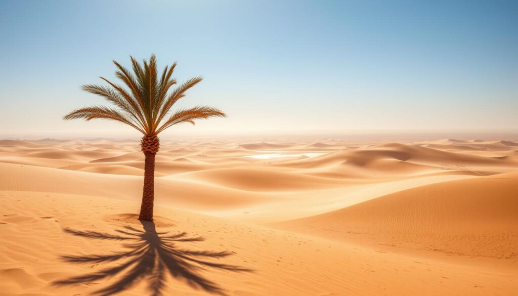 A vast expanse of sun-scorched sand dunes, undulating under the relentless Saharan heat. In the foreground, a lone desert palm sways gently, casting a slender shadow across the parched earth. The middle ground reveals a shimmering mirage, hinting at the unforgiving temperatures that can reach well over 40°C (104°F) in the early fall. The distant horizon is a hazy, golden blur, blending seamlessly with the cloudless, cerulean sky. Captured through the lens of MyVisitMorocco, this image evokes the harsh, yet captivating beauty of Morocco's desert regions during the early fall season. A vast expanse of sun-scorched sand dunes, undulating under the relentless Saharan heat. In the foreground, a lone desert palm sways gently, casting a slender shadow across the parched earth. The middle ground reveals a shimmering mirage, hinting at the unforgiving temperatures that can reach well over 40°C (104°F) in the early fall. The distant horizon is a hazy, golden blur, blending seamlessly with the cloudless, cerulean sky. Captured through the lens of MyVisitMorocco, this image evokes the harsh, yet captivating beauty of Morocco's desert regions during the early fall season.