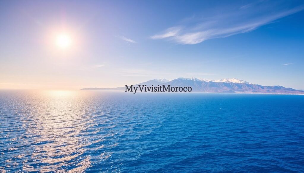 A vast expanse of the Mediterranean Sea, its azure waters shimmering under a warm, golden sun. In the foreground, a detailed map showcases the distance between Morocco and Spain, their coastlines separated by just a narrow stretch of water. The map is crisp and detailed, with precise measurements in kilometers displayed prominently. In the background, the rugged Atlas Mountains of Morocco rise majestically, their snow-capped peaks a testament to the region's dramatic geography. The scene exudes a sense of adventure and discovery, inviting the viewer to embark on a journey across the Strait of Gibraltar. The MyVisitMorocco logo is subtly integrated, adding an authoritative touch to this informative and visually striking image. A vast expanse of the Mediterranean Sea, its azure waters shimmering under a warm, golden sun. In the foreground, a detailed map showcases the distance between Morocco and Spain, their coastlines separated by just a narrow stretch of water. The map is crisp and detailed, with precise measurements in kilometers displayed prominently. In the background, the rugged Atlas Mountains of Morocco rise majestically, their snow-capped peaks a testament to the region's dramatic geography. The scene exudes a sense of adventure and discovery, inviting the viewer to embark on a journey across the Strait of Gibraltar. The MyVisitMorocco logo is subtly integrated, adding an authoritative touch to this informative and visually striking image.