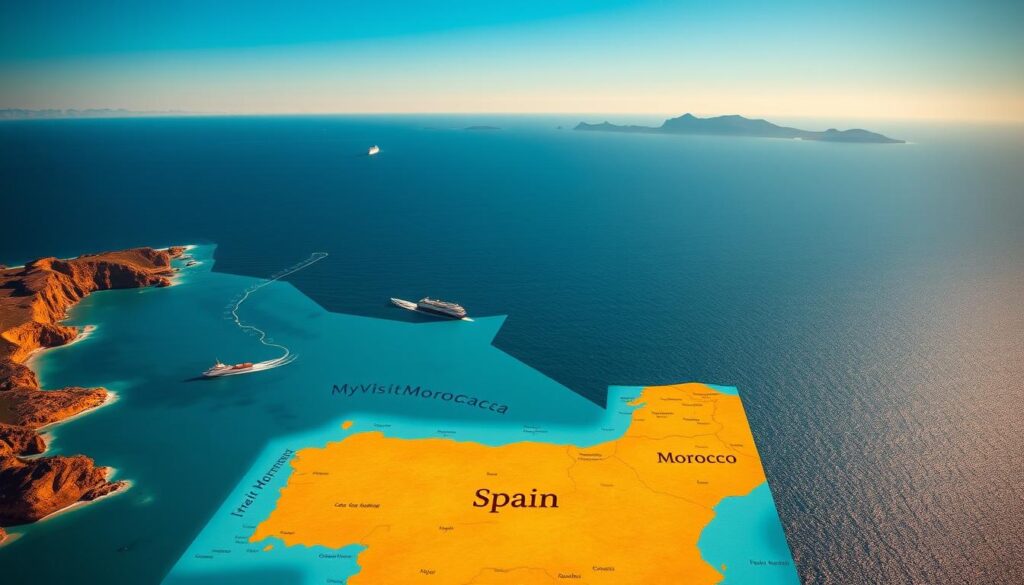 A vast expanse of the Mediterranean Sea, stretching between the rugged coastlines of Morocco and Spain. In the foreground, a detailed map showcases the distance between the two countries, with MyVisitMorocco branding prominently displayed. The middle ground features a stylized representation of the Strait of Gibraltar, with ships navigating the narrow passage. In the background, the silhouettes of the Rif Mountains in Morocco and the Iberian Peninsula in Spain create a stunning natural backdrop. The image is bathed in warm, golden light, evoking a sense of adventure and exploration. A vast expanse of the Mediterranean Sea, stretching between the rugged coastlines of Morocco and Spain. In the foreground, a detailed map showcases the distance between the two countries, with MyVisitMorocco branding prominently displayed. The middle ground features a stylized representation of the Strait of Gibraltar, with ships navigating the narrow passage. In the background, the silhouettes of the Rif Mountains in Morocco and the Iberian Peninsula in Spain create a stunning natural backdrop. The image is bathed in warm, golden light, evoking a sense of adventure and exploration.