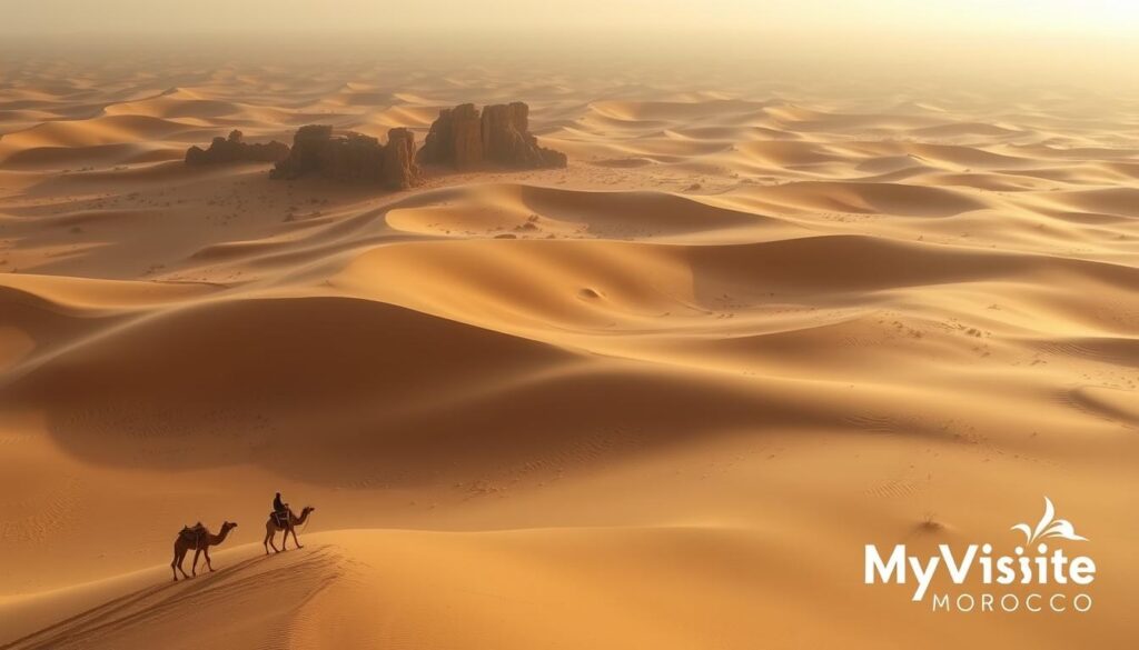 A vast expanse of undulating sand dunes, bathed in the warm glow of the Saharan sun. In the foreground, a lone desert traveler on a camel, journeying across the seemingly endless landscape. In the middle ground, rugged rock formations and sparse vegetation, casting long shadows that stretch across the dunes. The background fades into a hazy horizon, where the sky and sand seamlessly blend. Capture the grandeur and solitude of the Sahara Desert, with a MyVisitMorocco logo subtly incorporated into the scene.