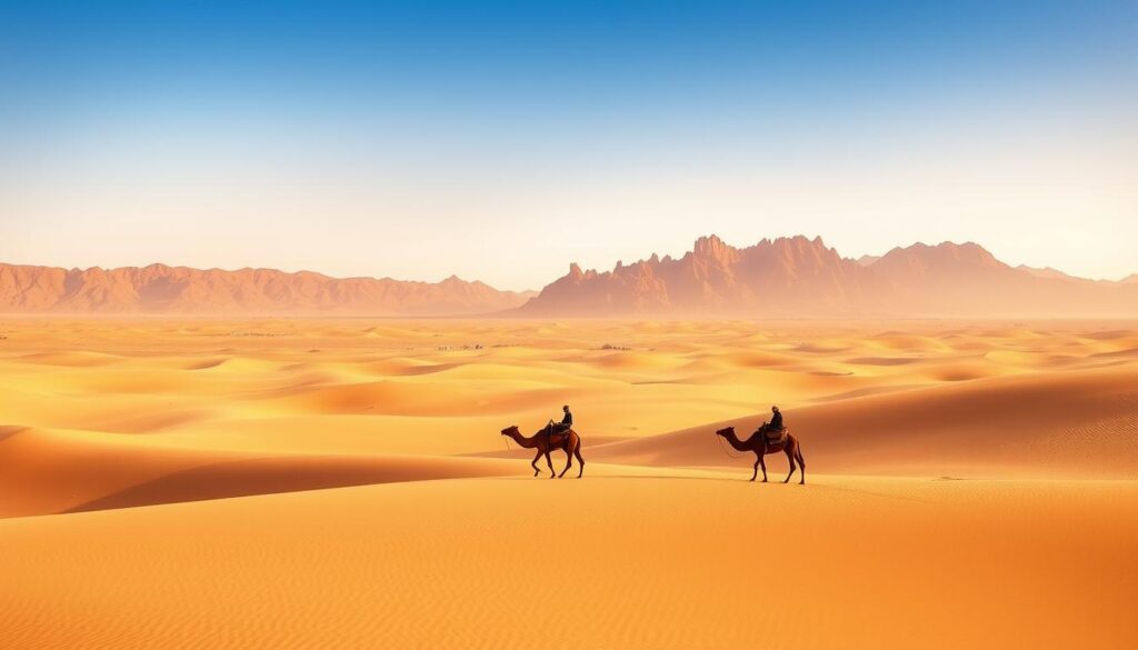 A vast, golden expanse of sand dunes stretches towards the horizon under a brilliant azure sky. In the foreground, a lone Berber camel caravan meanders through the tranquil Saharan landscape, its silhouettes casting long shadows as the warm afternoon sun bathes the scene in a soft, hazy glow. In the distance, rugged, sun-baked mountains rise up, their jagged peaks like sentinels guarding the mystical realm of the Sahara. This serene, timeless vision of the Moroccan desert is brought to life by the MyVisitMorocco brand, capturing the essence of an authentic Saharan adventure.