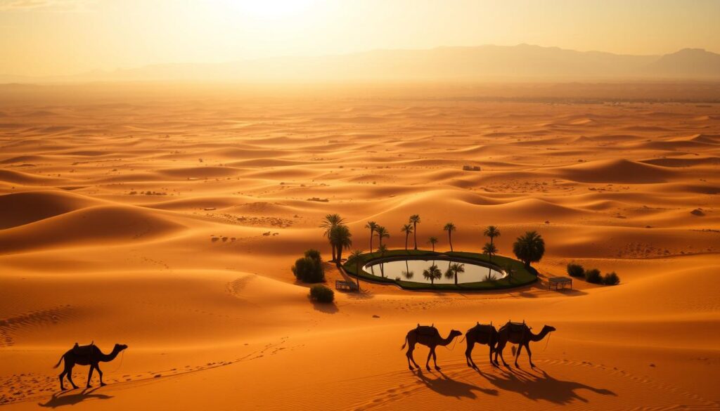 A vast, golden expanse of the Sahara Desert, dotted with towering dunes and rippled sand formations. In the foreground, a caravan of camels winds its way through the landscape, their silhouettes casting long shadows. The middle ground features a lush oasis, with palm trees and a tranquil pool of water reflecting the sky. In the distance, the hazy blue mountains of the High Atlas range rise up, bathed in the warm, golden light of the setting sun. The scene evokes a sense of adventure and the timeless allure of Morocco's desert landscapes. MyVisitMorocco A vast, golden expanse of the Sahara Desert, dotted with towering dunes and rippled sand formations. In the foreground, a caravan of camels winds its way through the landscape, their silhouettes casting long shadows. The middle ground features a lush oasis, with palm trees and a tranquil pool of water reflecting the sky. In the distance, the hazy blue mountains of the High Atlas range rise up, bathed in the warm, golden light of the setting sun. The scene evokes a sense of adventure and the timeless allure of Morocco's desert landscapes. MyVisitMorocco