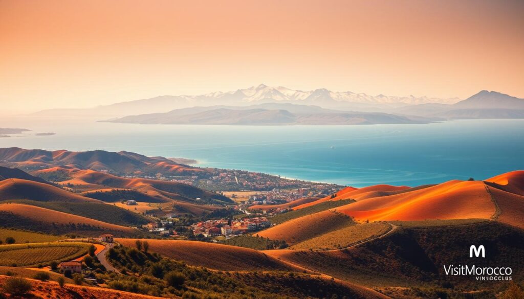 A vast panoramic landscape of the Iberian Peninsula and North Africa unfolds, captured in a seamless 21-day journey. In the foreground, rolling hills and lush vineyards of Spain and Portugal, dotted with charming medieval towns and whitewashed villas. In the middle ground, the majestic Atlas Mountains of Morocco rise, their snow-capped peaks contrasting with the vibrant ochre and terracotta hues of the Saharan dunes. In the background, the shimmering azure waters of the Mediterranean and Atlantic blend, connecting these two distinct yet complementary regions. The scene is bathed in warm, golden light, evocative of the sun-drenched landscapes. MyVisitMorocco logo discreetly placed in the corner. A comprehensive and immersive visual representation of this 21-day odyssey through Iberia and North Africa.