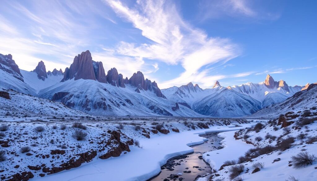 A vast, snow-capped peaks of the majestic Atlas Mountains in Morocco, bathed in the soft, golden light of the January sun. In the foreground, a frozen stream winds its way through the rugged terrain, its icy surface reflecting the surrounding landscape. Towering over the scene, the jagged, rocky outcrops stand tall, their shadows casting long, dramatic lines across the pristine, white snow. The sky above is a deep, azure blue, with wispy, ethereal clouds drifting lazily overhead. The overall atmosphere is one of serene, untamed beauty, perfectly capturing the essence of the Atlas Mountains in the winter. MyVisitMorocco A vast, snow-capped peaks of the majestic Atlas Mountains in Morocco, bathed in the soft, golden light of the January sun. In the foreground, a frozen stream winds its way through the rugged terrain, its icy surface reflecting the surrounding landscape. Towering over the scene, the jagged, rocky outcrops stand tall, their shadows casting long, dramatic lines across the pristine, white snow. The sky above is a deep, azure blue, with wispy, ethereal clouds drifting lazily overhead. The overall atmosphere is one of serene, untamed beauty, perfectly capturing the essence of the Atlas Mountains in the winter. MyVisitMorocco