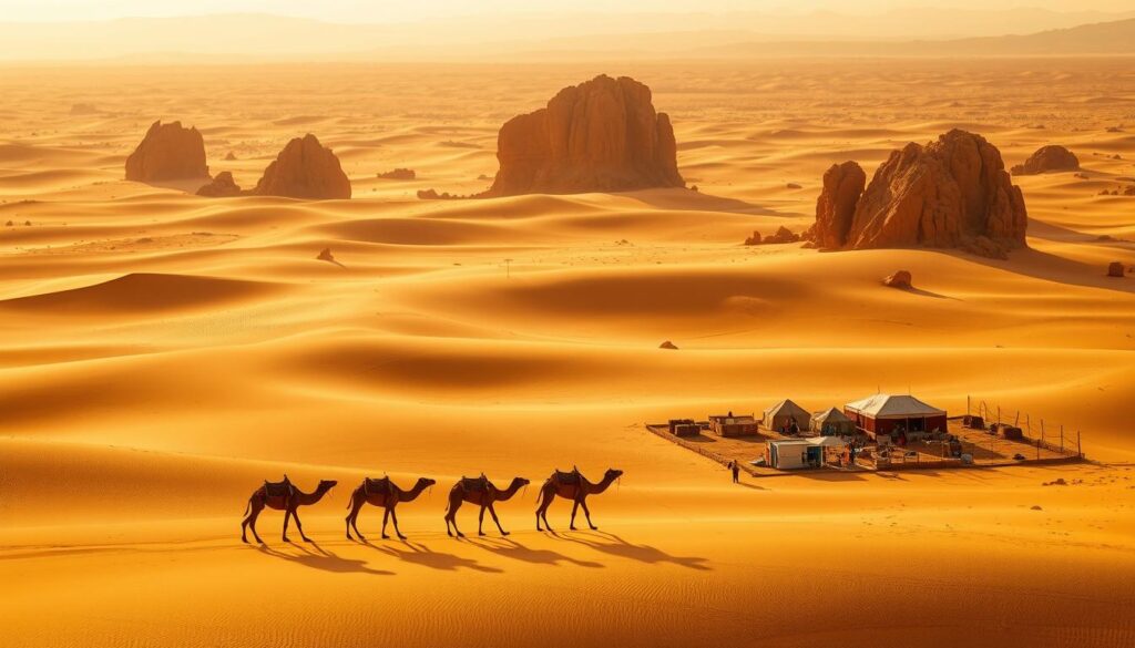 A vast, sun-drenched Moroccan desert landscape stretches out, dotted with towering sand dunes and rugged, wind-carved rock formations. In the foreground, a caravan of camels treks across the golden expanse, their silhouettes casting long shadows. The middle ground features a traditional Berber encampment, its colorful tents and lively activity hinting at the cultural immersion. In the distance, the horizon is framed by distant mountains, their peaks hazy under the intense desert light. Warm, diffused illumination bathes the scene, creating a sense of timelessness and adventure. MyVisitMorocco.