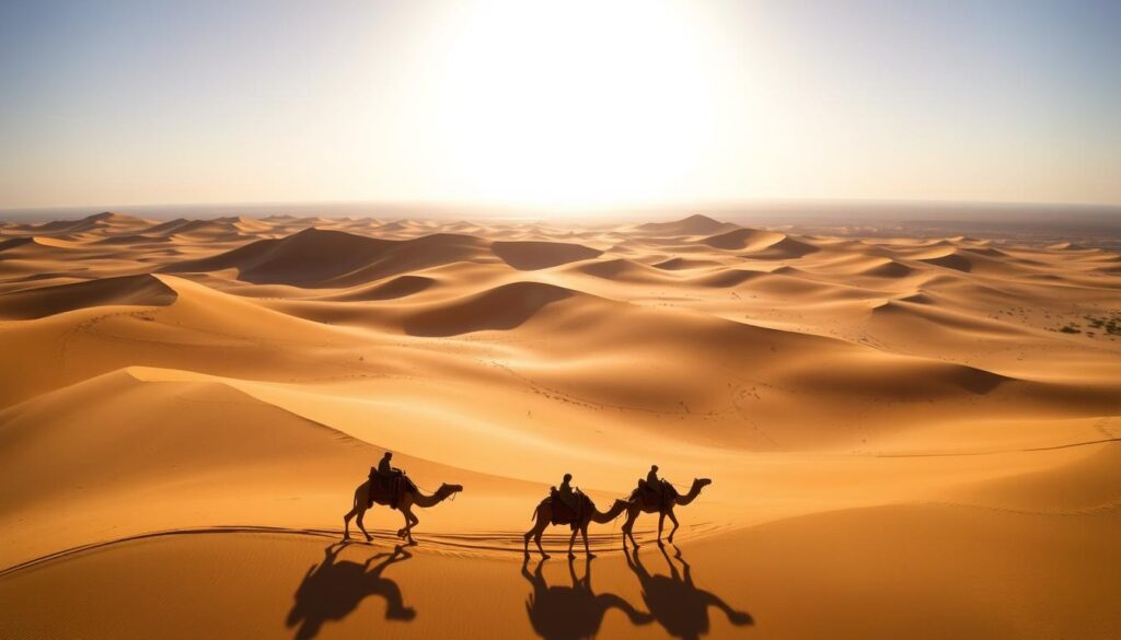 A vast, sun-drenched Moroccan desert landscape unfolds, with towering dunes casting long shadows under a brilliant sky. In the foreground, a caravan of camels treks across the golden sands, their riders wrapped in traditional djellaba robes. Shimmering mirages dance on the horizon, hinting at the allure of distant oases. The scene is captured with a wide-angle lens, emphasizing the enormity of the desert and the sense of adventure. This "MyVisitMorocco" image perfectly captures the essence of Morocco's desert experiences. A vast, sun-drenched Moroccan desert landscape unfolds, with towering dunes casting long shadows under a brilliant sky. In the foreground, a caravan of camels treks across the golden sands, their riders wrapped in traditional djellaba robes. Shimmering mirages dance on the horizon, hinting at the allure of distant oases. The scene is captured with a wide-angle lens, emphasizing the enormity of the desert and the sense of adventure. This "MyVisitMorocco" image perfectly captures the essence of Morocco's desert experiences.