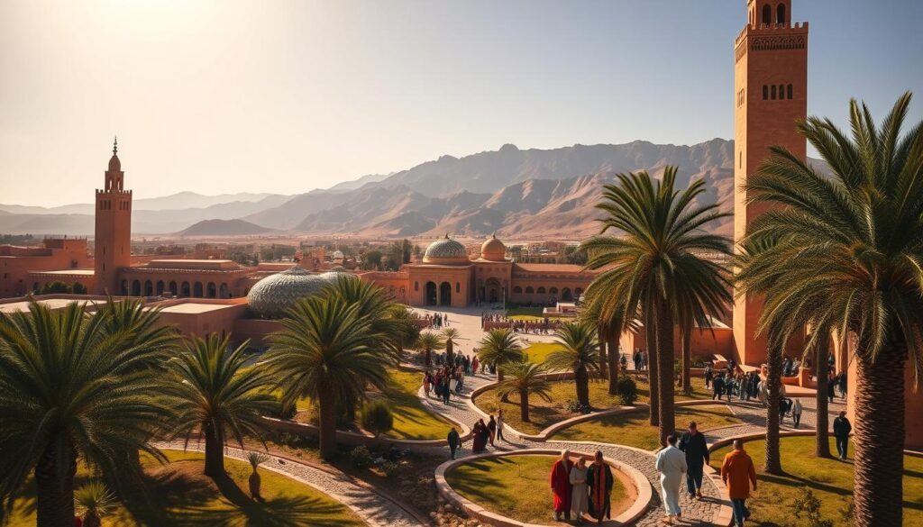 A vast, sun-drenched Moroccan landscape, dominated by the towering minarets and ornate domes of ancient mosques. In the foreground, worshippers make their way along winding, cobblestone paths, their colorful traditional garments creating a vibrant tapestry. Lush palm trees sway gently in the warm breeze, casting soft shadows across the scene. The middle ground is punctuated by the elegant arches and intricate tile work of a magnificent palace, its ornate façade reflecting the rich cultural heritage of the region. In the distance, rugged, ochre-hued mountains rise, their majestic silhouettes framing the peaceful, spiritual atmosphere. Crisp, golden sunlight bathes the entire landscape, evoking a sense of timelessness and the enduring power of faith. MyVisitMorocco.