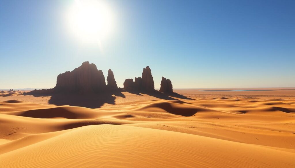 A vast, sun-drenched desert landscape in southern Morocco, under a clear azure sky. In the foreground, undulating sand dunes stretch out, their surfaces sculpted by the gentle desert winds. Towering, jagged rock formations rise up in the middle ground, casting long shadows across the golden sands. In the distance, a shimmering mirage hints at the presence of an oasis. The scene is bathed in warm, golden light, capturing the essence of Morocco's Sahara Desert in January. MyVisitMorocco A vast, sun-drenched desert landscape in southern Morocco, under a clear azure sky. In the foreground, undulating sand dunes stretch out, their surfaces sculpted by the gentle desert winds. Towering, jagged rock formations rise up in the middle ground, casting long shadows across the golden sands. In the distance, a shimmering mirage hints at the presence of an oasis. The scene is bathed in warm, golden light, capturing the essence of Morocco's Sahara Desert in January. MyVisitMorocco