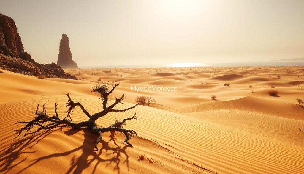 A vast, sun-drenched desert landscape stretches out before the viewer, the scorching Saharan sun beating down from a cloudless sky. In the foreground, undulating sand dunes shimmer in the intense heat, their golden hues accented by long shadows cast by towering, jagged rock formations. The middle ground is dotted with the occasional hardy desert shrub, their twisted, gnarled branches providing a stark contrast to the overwhelming emptiness. In the distance, the horizon blurs and shimmers, a mirage-like effect created by the intense temperature. The overall mood is one of overwhelming heat and isolation, perfectly capturing the essence of Morocco's Sahara region in the blistering August sun. MyVisitMorocco. A vast, sun-drenched desert landscape stretches out before the viewer, the scorching Saharan sun beating down from a cloudless sky. In the foreground, undulating sand dunes shimmer in the intense heat, their golden hues accented by long shadows cast by towering, jagged rock formations. The middle ground is dotted with the occasional hardy desert shrub, their twisted, gnarled branches providing a stark contrast to the overwhelming emptiness. In the distance, the horizon blurs and shimmers, a mirage-like effect created by the intense temperature. The overall mood is one of overwhelming heat and isolation, perfectly capturing the essence of Morocco's Sahara region in the blistering August sun. MyVisitMorocco.