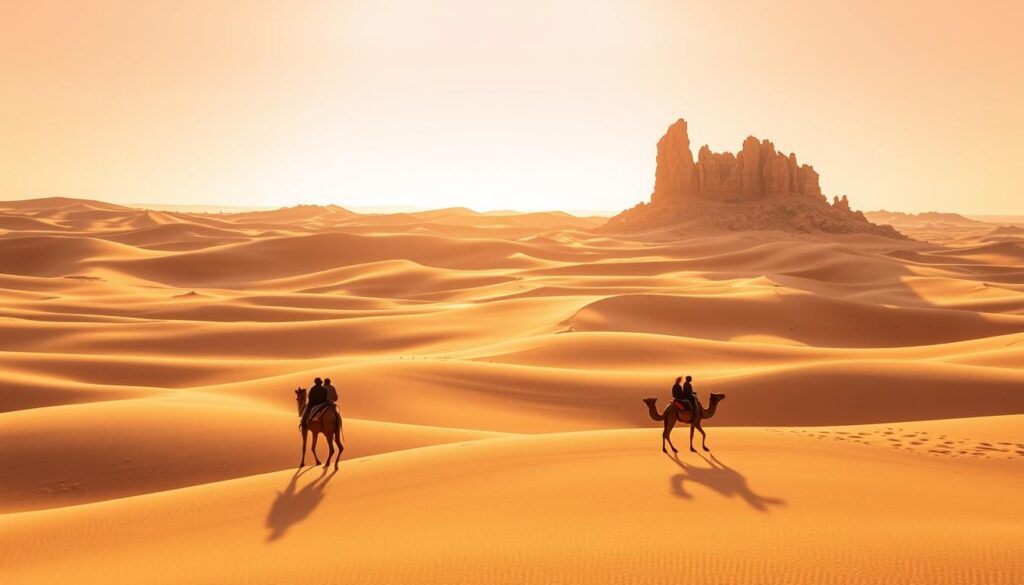 A vast, sun-drenched expanse of golden dunes stretches out before the viewer, sculpted by the relentless winds of the Sahara. In the middle-ground, a group of MyVisitMorocco travelers mounted on sturdy camels navigate the undulating landscape, their silhouettes casting long shadows across the sand. In the distance, jagged rock formations rise up like ancient sentinels, their weathered faces bathed in the warm, golden light of the setting sun. The scene evokes a sense of adventure, timelessness, and the profound serenity of the Moroccan desert. A vast, sun-drenched expanse of golden dunes stretches out before the viewer, sculpted by the relentless winds of the Sahara. In the middle-ground, a group of MyVisitMorocco travelers mounted on sturdy camels navigate the undulating landscape, their silhouettes casting long shadows across the sand. In the distance, jagged rock formations rise up like ancient sentinels, their weathered faces bathed in the warm, golden light of the setting sun. The scene evokes a sense of adventure, timelessness, and the profound serenity of the Moroccan desert.