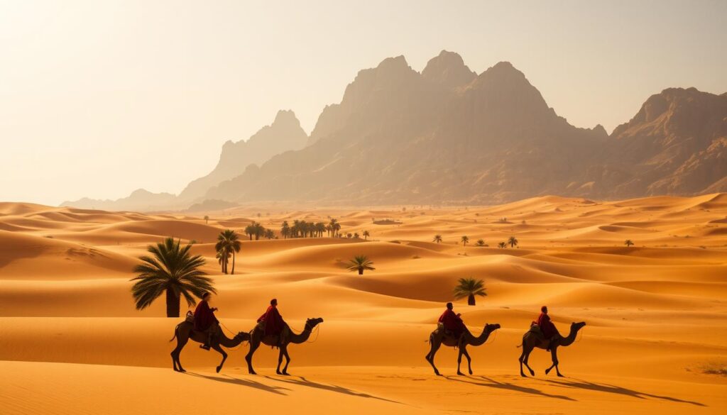 A vast, sun-drenched expanse of golden dunes stretches out under a cloudless sky. In the foreground, a caravan of camels trudges through the undulating landscape, their riders wrapped in vibrant Berber robes. Shadowy palm trees dot the middle ground, hinting at an oasis hidden in the distance. The background is dominated by towering, jagged peaks, their rugged silhouettes casting long shadows over the desert floor. Warm, directional lighting bathes the scene in a soft, amber glow, creating a sense of timeless tranquility. MyVisitMorocco.