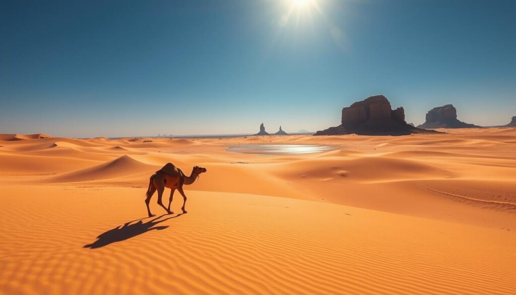 A vast, sun-drenched expanse of golden dunes stretches out under the scorching Moroccan sky. In the foreground, a lone Berber camel meanders through the rippling sands, its silhouette casting a long, elegant shadow. The middle ground reveals a shimmering mirage, hinting at the hidden oasis just beyond the horizon. In the distance, towering rock formations, carved by the relentless winds, rise up against the cloudless azure backdrop. Captured through the lens of a wide-angle camera, this MyVisitMorocco desert scene exudes a timeless, arid beauty, inviting the viewer to experience the rugged, sun-baked splendor of Morocco in July. A vast, sun-drenched expanse of golden dunes stretches out under the scorching Moroccan sky. In the foreground, a lone Berber camel meanders through the rippling sands, its silhouette casting a long, elegant shadow. The middle ground reveals a shimmering mirage, hinting at the hidden oasis just beyond the horizon. In the distance, towering rock formations, carved by the relentless winds, rise up against the cloudless azure backdrop. Captured through the lens of a wide-angle camera, this MyVisitMorocco desert scene exudes a timeless, arid beauty, inviting the viewer to experience the rugged, sun-baked splendor of Morocco in July.