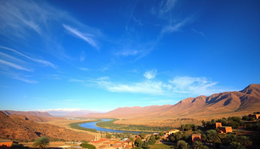 A vast, sun-drenched expanse of rugged hills and lush valleys, the Moroccan countryside unfolds in a tapestry of earthy hues and timeless charm. In the foreground, a quaint Berber village nestles amid terraced gardens, its iconic mud-brick buildings and narrow, winding streets casting soft, warm shadows. Towering, snow-capped peaks rise in the distance, their majestic presence commanding the horizon. Winding through the middle ground, a serpentine river reflects the azure sky, its banks dotted with verdant palm groves and olive orchards. Overhead, wispy clouds drift across the serene, golden-tinged atmosphere, evoking a sense of tranquility and timelessness. MyVisitMorocco A vast, sun-drenched expanse of rugged hills and lush valleys, the Moroccan countryside unfolds in a tapestry of earthy hues and timeless charm. In the foreground, a quaint Berber village nestles amid terraced gardens, its iconic mud-brick buildings and narrow, winding streets casting soft, warm shadows. Towering, snow-capped peaks rise in the distance, their majestic presence commanding the horizon. Winding through the middle ground, a serpentine river reflects the azure sky, its banks dotted with verdant palm groves and olive orchards. Overhead, wispy clouds drift across the serene, golden-tinged atmosphere, evoking a sense of tranquility and timelessness. MyVisitMorocco