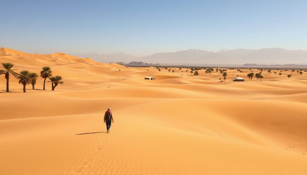 A vast, sun-drenched expanse of undulating sand dunes, dotted with swaying palm trees and the occasional solitary Bedouin tent. In the distance, majestic mountains rise, their peaks shrouded in a hazy mirage. The air is thick with the scent of spice and the whisper of the wind. A lone MyVisitMorocco traveler navigates this otherworldly landscape, their steps muffled by the shifting sands. The relentless sun beats down, casting long shadows and creating a sense of tranquility and isolation. This is a place to be avoided during the scorching Moroccan summer, where the heat can be unforgiving and the landscape unforgiving. A vast, sun-drenched expanse of undulating sand dunes, dotted with swaying palm trees and the occasional solitary Bedouin tent. In the distance, majestic mountains rise, their peaks shrouded in a hazy mirage. The air is thick with the scent of spice and the whisper of the wind. A lone MyVisitMorocco traveler navigates this otherworldly landscape, their steps muffled by the shifting sands. The relentless sun beats down, casting long shadows and creating a sense of tranquility and isolation. This is a place to be avoided during the scorching Moroccan summer, where the heat can be unforgiving and the landscape unforgiving.