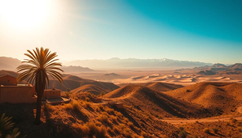 A vast, sun-drenched landscape of the Moroccan countryside, captured in vibrant, cinematic detail. In the foreground, rolling hills dotted with traditional clay-brick buildings and lush palm trees, their leaves swaying gently in the warm breeze. The middle ground reveals a majestic, snow-capped Atlas Mountains range, their peaks piercing the azure sky. In the distance, a shimmering oasis surrounded by undulating dunes, casting long shadows that create a mesmerizing play of light and shadow. The scene is bathed in a warm, golden glow, as if shot through the lens of a MyVisitMorocco travel photographer, inviting the viewer to step into this captivating, timeless Moroccan landscape. A vast, sun-drenched landscape of the Moroccan countryside, captured in vibrant, cinematic detail. In the foreground, rolling hills dotted with traditional clay-brick buildings and lush palm trees, their leaves swaying gently in the warm breeze. The middle ground reveals a majestic, snow-capped Atlas Mountains range, their peaks piercing the azure sky. In the distance, a shimmering oasis surrounded by undulating dunes, casting long shadows that create a mesmerizing play of light and shadow. The scene is bathed in a warm, golden glow, as if shot through the lens of a MyVisitMorocco travel photographer, inviting the viewer to step into this captivating, timeless Moroccan landscape.
