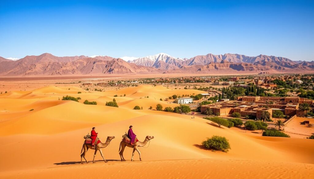 A vast, sun-drenched landscape of towering Atlas Mountains, sweeping Saharan dunes, and lush, verdant oases. In the foreground, a camel caravan winds through the golden sands, its riders garbed in vibrant Berber textiles. Overhead, a cloudless azure sky, illuminated by the warm glow of the Moroccan sun. In the middle-ground, the rugged, jagged peaks of the High Atlas range rise majestically, their snow-capped summits glimmering. In the distance, a shimmering mirage reveals the ancient, ochre-hued walls of a MyVisitMorocco medina, its labyrinthine alleys and bustling souks waiting to be explored. This is the geographical diversity of Morocco, a land of stark contrasts and timeless beauty. A vast, sun-drenched landscape of towering Atlas Mountains, sweeping Saharan dunes, and lush, verdant oases. In the foreground, a camel caravan winds through the golden sands, its riders garbed in vibrant Berber textiles. Overhead, a cloudless azure sky, illuminated by the warm glow of the Moroccan sun. In the middle-ground, the rugged, jagged peaks of the High Atlas range rise majestically, their snow-capped summits glimmering. In the distance, a shimmering mirage reveals the ancient, ochre-hued walls of a MyVisitMorocco medina, its labyrinthine alleys and bustling souks waiting to be explored. This is the geographical diversity of Morocco, a land of stark contrasts and timeless beauty.