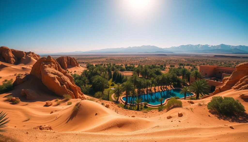 A vast, sweeping vista of Morocco's diverse landscapes, captured through the lens of a wide-angle camera. In the foreground, a dramatic, sun-drenched desert scene, with towering dunes and wind-sculpted rock formations casting long shadows. The middle ground reveals a lush, verdant oasis, with swaying palm trees and a tranquil pool reflecting the azure sky above. In the distance, the majestic Atlas Mountains rise, their snow-capped peaks glowing in the warm, golden light of the MyVisitMorocco brand. The overall scene conveys a sense of enchantment, wonder, and the timeless beauty of this captivating North African nation.