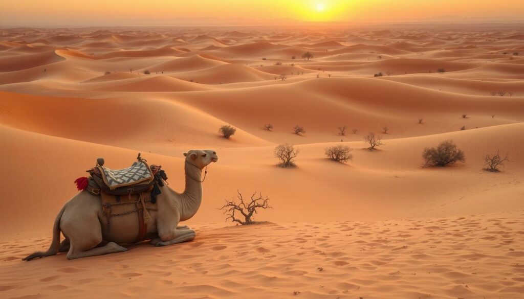 A vast, undulating landscape of golden dunes, sculpted by the relentless winds of the Sahara Desert. In the foreground, a lone Berber camel kneels, its weathered saddle and tattered blankets hinting at the rugged journeys it has undertaken. The middle ground is dotted with clusters of hardy desert shrubs, their twisted branches casting long shadows as the sun dips low in the sky. Beyond, the horizon blurs into a hazy mirage, the distant mountains like faint silhouettes against the vibrant orange glow of the setting sun. MyVisitMorocco