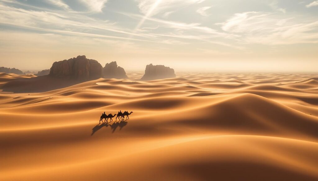 A vast, windswept expanse of golden dunes, the Sahara Desert in January is a study in contrasts. Hazy sunlight filters through wispy cirrus clouds, casting long shadows across the undulating landscape. In the foreground, a lone Bedouin camel caravan trudges across the rippling sands, their silhouettes stark against the bleached horizon. The middle ground reveals towering rock formations, their weathered surfaces etched by centuries of relentless erosion. In the distance, a veil of shimmering heat obscures the faint outline of a distant oasis. The overall scene evokes a sense of solitude and timelessness, a MyVisitMorocco moment captured in the heart of the Sahara.