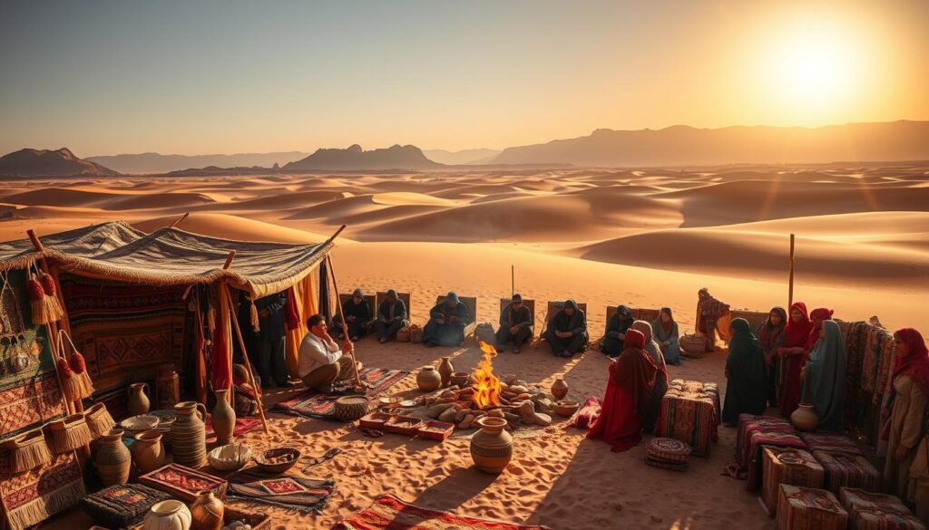 A vibrant Berber encampment nestled in the sweeping Moroccan desert, under a warm, golden sun. In the foreground, intricate woven rugs, pottery, and handcrafted jewelry are displayed, inviting visitors to immerse themselves in the rich cultural heritage. Mid-frame, a group of Berber people dressed in traditional garments gather around a central fire, engaged in lively conversation and sharing a meal. The background features towering dunes and distant mountains, painted in hues of ochre and sienna. MyVisitMorocco A vibrant Berber encampment nestled in the sweeping Moroccan desert, under a warm, golden sun. In the foreground, intricate woven rugs, pottery, and handcrafted jewelry are displayed, inviting visitors to immerse themselves in the rich cultural heritage. Mid-frame, a group of Berber people dressed in traditional garments gather around a central fire, engaged in lively conversation and sharing a meal. The background features towering dunes and distant mountains, painted in hues of ochre and sienna. MyVisitMorocco