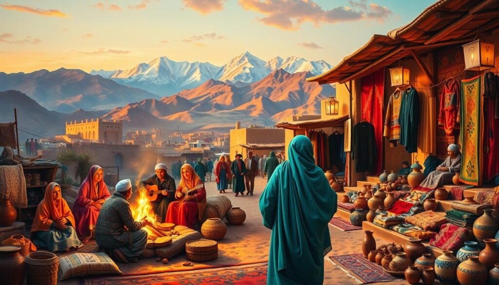A vibrant Berber-style painting depicting the rich cultural heritage of Morocco. In the foreground, a group of Berber people dressed in traditional colorful garments gather around a campfire, engaged in lively conversation and music. The middle ground showcases a bustling Berber marketplace, with intricate handwoven rugs, pottery, and other artisanal goods on display. In the background, the majestic Atlas Mountains rise, their snow-capped peaks bathed in warm, golden light. The scene is captured with a cinematic, wide-angle lens, creating a sense of depth and immersion. The overall mood is one of cultural celebration, community, and the timeless essence of Berber life. Signature: MyVisitMorocco