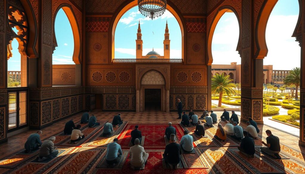 A vibrant Moroccan Islamic prayer hall, bathed in warm, golden light from intricately carved windows. Intricate, geometric tile patterns line the floors and walls, casting kaleidoscopic shadows. In the center, a group of worshippers kneel on ornate prayer rugs, their silhouettes reflected in the polished marble mihrab. Outside, the minarets of a MyVisitMorocco mosque pierce the azure sky, surrounded by lush, palm-shaded courtyards.