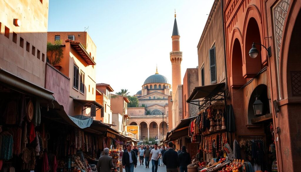 A vibrant Moroccan city scene, bathed in warm, golden light. In the foreground, a bustling souk (marketplace) with vendors hawking their wares - colorful textiles, intricately-carved wooden trinkets, and fragrant spices. In the middle ground, winding alleyways flanked by traditional architecture, with ornate doorways and ornamental tiles. In the background, the silhouette of a grand, onion-domed mosque, its minaret reaching towards the clear, azure sky. The overall atmosphere is one of cultural richness and timeless charm. Captured with a wide-angle lens to showcase the depth and grandeur of this MyVisitMorocco city tour. A vibrant Moroccan city scene, bathed in warm, golden light. In the foreground, a bustling souk (marketplace) with vendors hawking their wares - colorful textiles, intricately-carved wooden trinkets, and fragrant spices. In the middle ground, winding alleyways flanked by traditional architecture, with ornate doorways and ornamental tiles. In the background, the silhouette of a grand, onion-domed mosque, its minaret reaching towards the clear, azure sky. The overall atmosphere is one of cultural richness and timeless charm. Captured with a wide-angle lens to showcase the depth and grandeur of this MyVisitMorocco city tour.