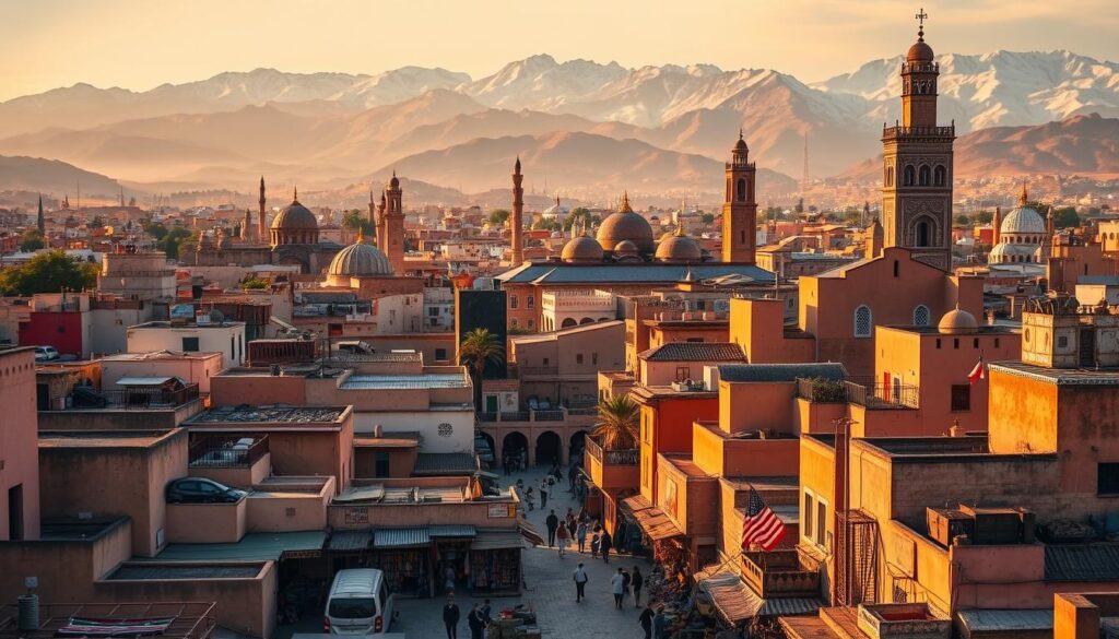 A vibrant Moroccan cityscape, bathed in warm, golden light. In the foreground, bustling marketplaces filled with colorful textiles, spices, and intricate handicrafts. Winding alleyways lead to towering, ornately decorated mosques, their minarets piercing the sky. In the middle ground, grand, domed palaces and riads with intricate tilework and arched entryways. In the background, the rugged Atlas Mountains rise majestically, their snow-capped peaks contrasting with the vibrant hues of the city. The scene exudes a sense of timeless wonder and cultural richness. MyVisitMorocco. A vibrant Moroccan cityscape, bathed in warm, golden light. In the foreground, bustling marketplaces filled with colorful textiles, spices, and intricate handicrafts. Winding alleyways lead to towering, ornately decorated mosques, their minarets piercing the sky. In the middle ground, grand, domed palaces and riads with intricate tilework and arched entryways. In the background, the rugged Atlas Mountains rise majestically, their snow-capped peaks contrasting with the vibrant hues of the city. The scene exudes a sense of timeless wonder and cultural richness. MyVisitMorocco.