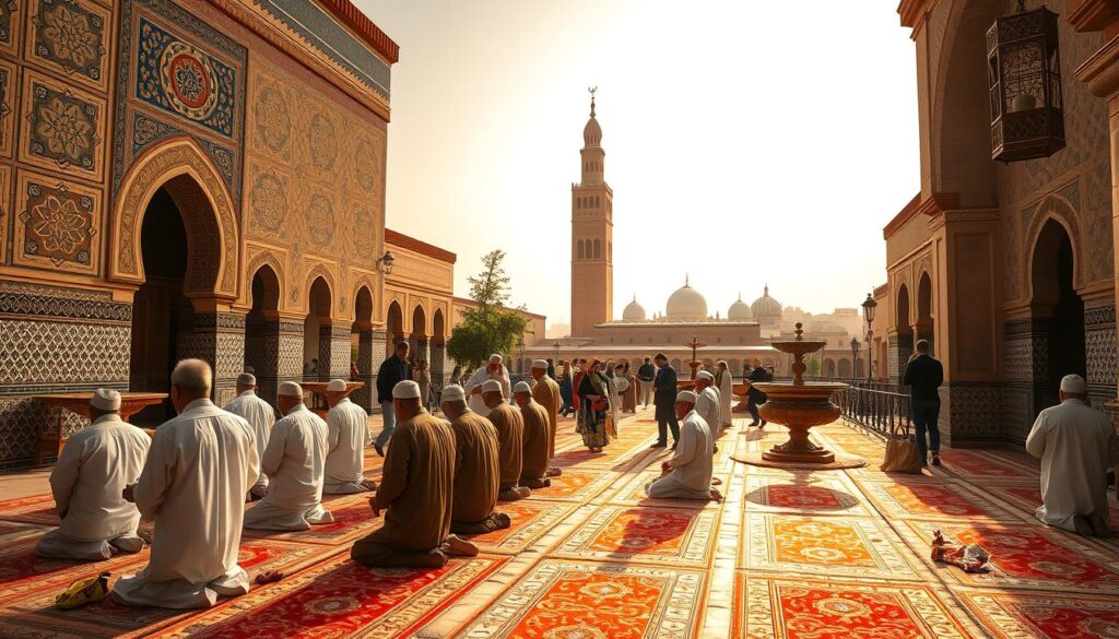 A vibrant Moroccan courtyard filled with intricate tilework, ornate archways, and ornamental fountains. In the foreground, a group of men perform their daily prayers, their traditional djellabas flowing gracefully as they kneel on ornate rugs. The middle ground features women carrying baskets overflowing with fragrant spices and fresh produce, while in the background, a towering minaret rises against a hazy, golden sky. The scene is bathed in warm, diffused lighting, capturing the timeless essence of Moroccan religious practices. MyVisitMorocco.